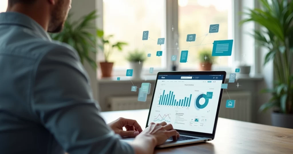 Pessoa trabalhando no computador com gráficos financeiros e mensagens automáticas no WhatsApp e e-mail ao redor