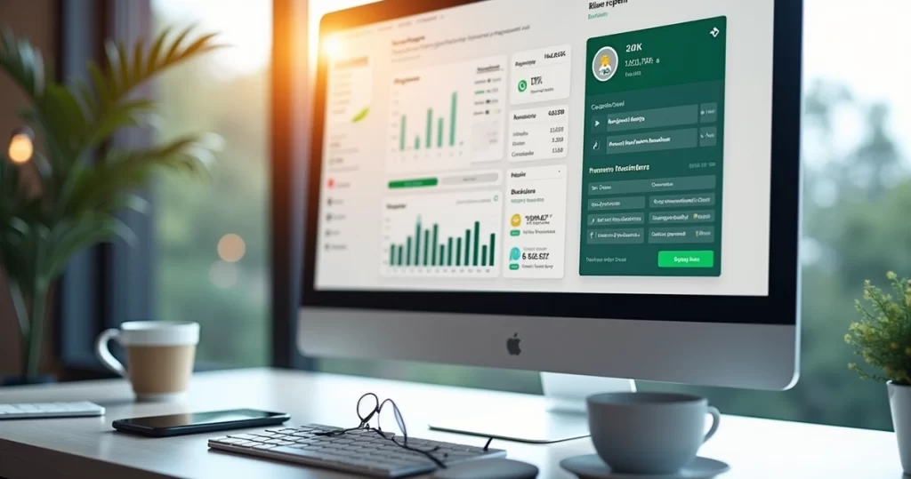 Tela de computador exibindo painel de automação financeira com gráficos e mensagens automatizadas em WhatsApp