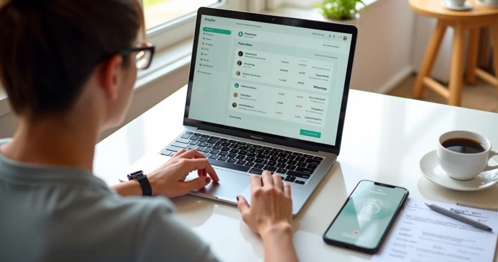 Pessoa configurando plataforma de automação financeira em laptop com interface clara e elementos integrados de WhatsApp e e-mail