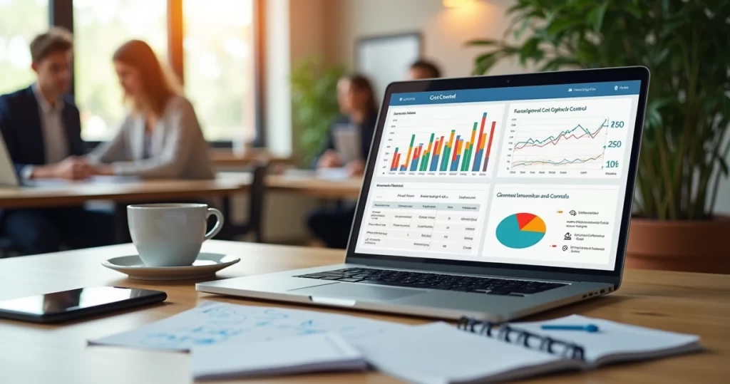 Mesa com notebook, planilhas financeiras digitais e gráficos coloridos de controle de custos em agência digital