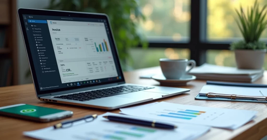 Mesa de trabalho com notebook aberto exibindo sistema de envio de notas fiscais digitais, celular com notificação do WhatsApp ao lado, documentos organizados e gráficos financeiros ao fundo