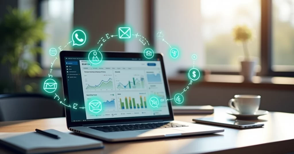 Mesa de escritório com laptop mostrando tela de integração financeira, gráficos de fluxo de caixa e ícones de WhatsApp e e-mail ao redor