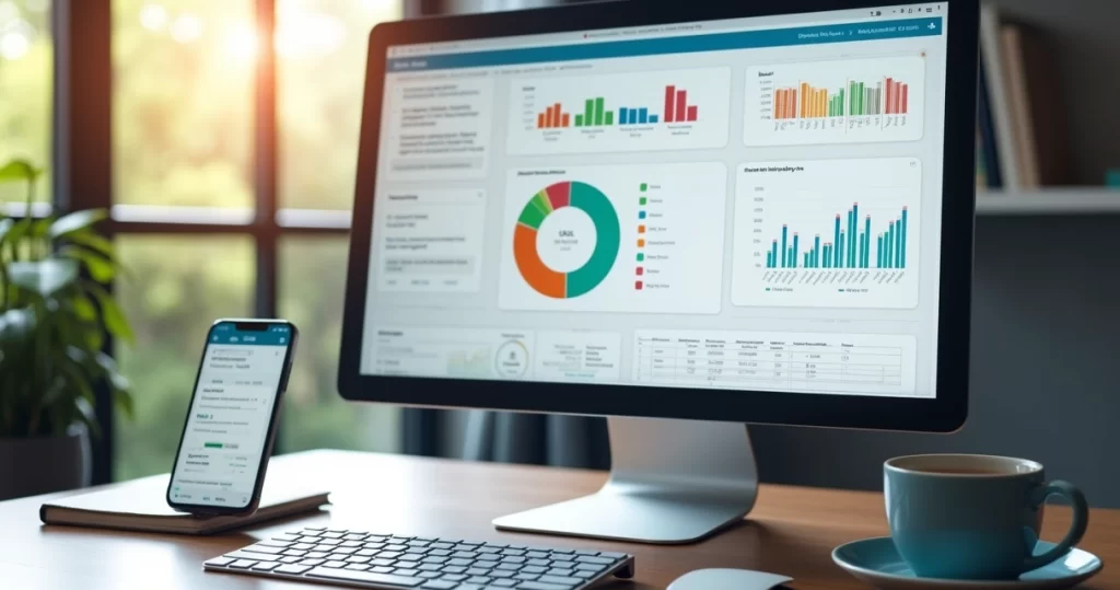 Tela de computador mostrando integração financeira com gráficos e mensagens de cobrança automatizada