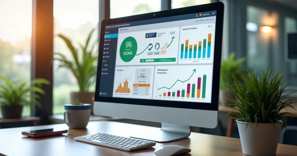 Computador exibindo painel digital integrado com gráficos financeiros e mensagens de WhatsApp e e-mail em ambiente de escritório moderno com luz natural