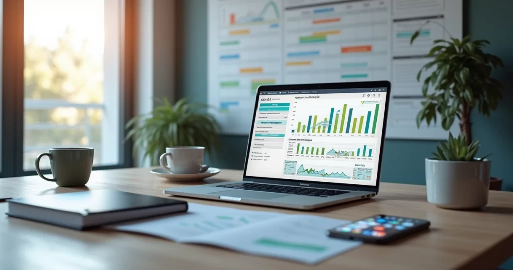 Mesa de trabalho com computador mostrando gráficos financeiros e calendário com datas marcadas, ambiente moderno de agência