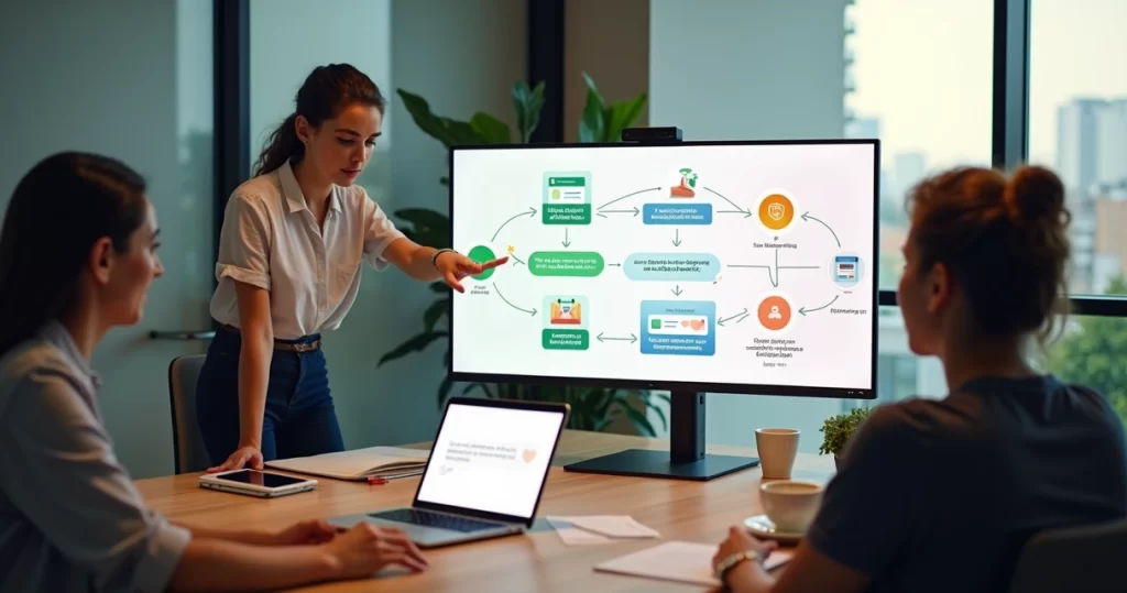 Equipe analisando régua de cobrança humanizada em painel com mensagens no computador